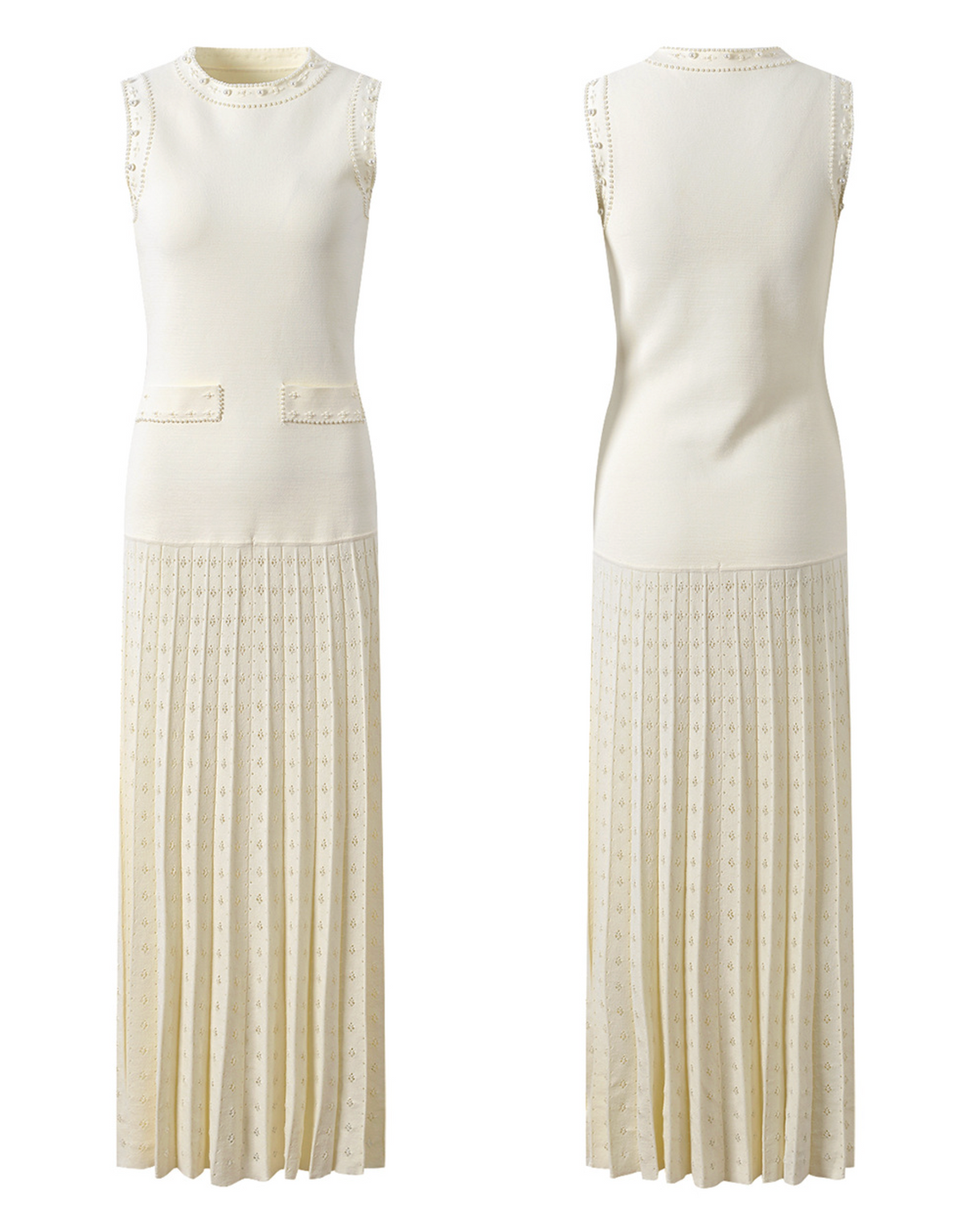 SANDRO Donatienne white faux-pearl knitted maxi dress - Beige