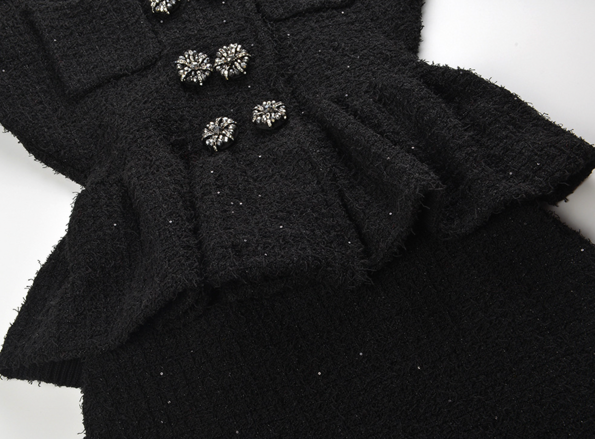 Black Textured Knit Peplum Midi Dress