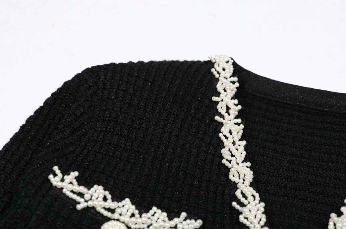 Black Pearl Trim Knit Mini Dress
