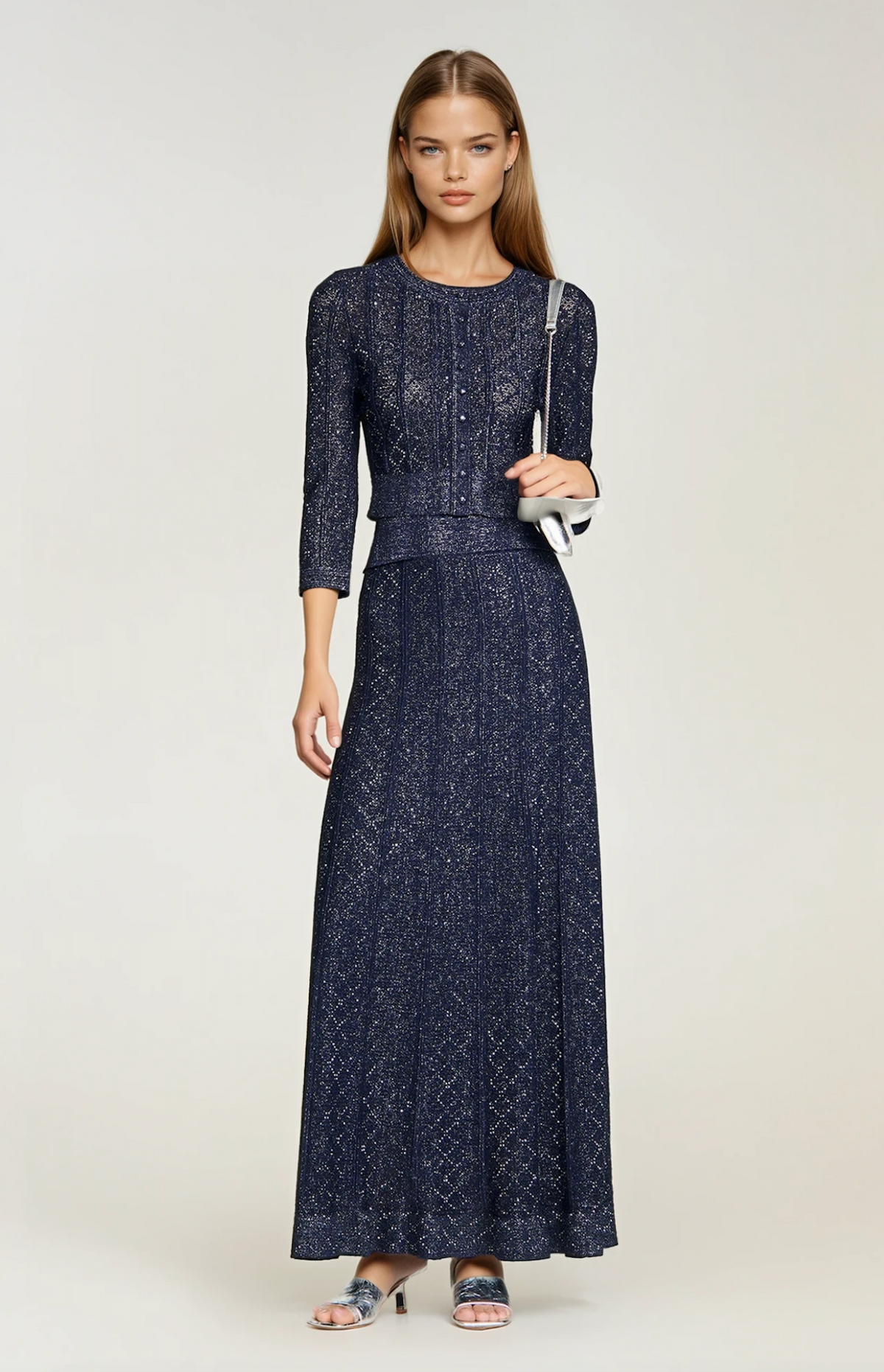 Sandro Strass Knit Cropped Cardigan & Rhinestone Knit Maxi Skirt Set - Dark Blue