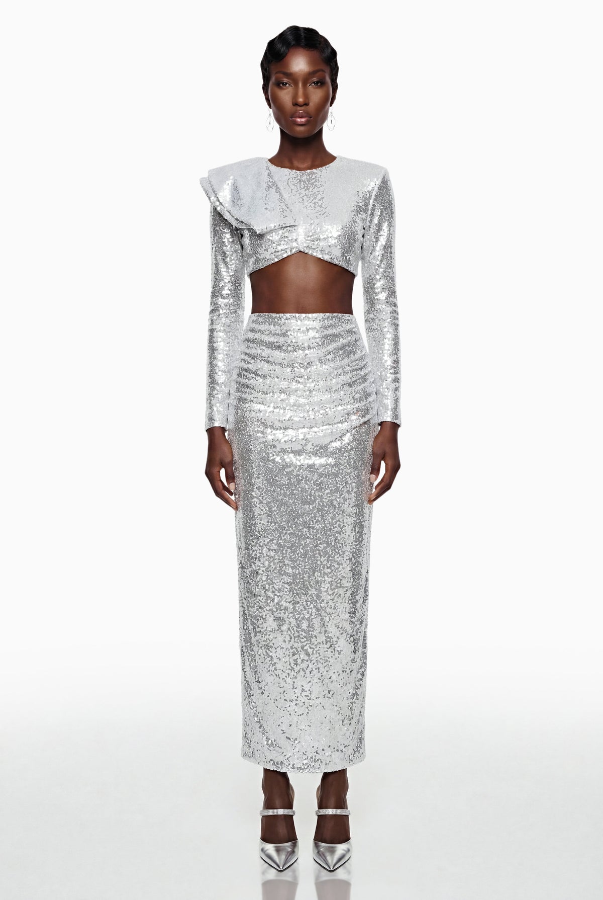 Selah Silver Asymmetrical Top & Skirt Set with Slit
