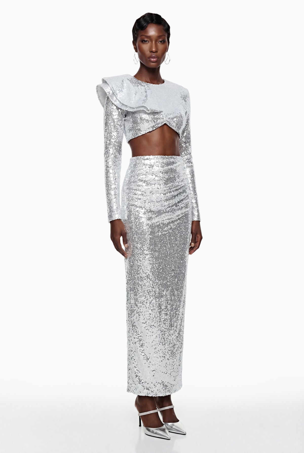 Selah Silver Asymmetrical Top & Skirt Set with Slit