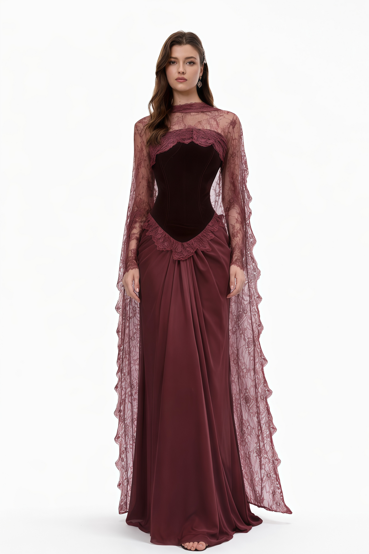 Seraphina Red Floral Lace Maxi Dress with Cape