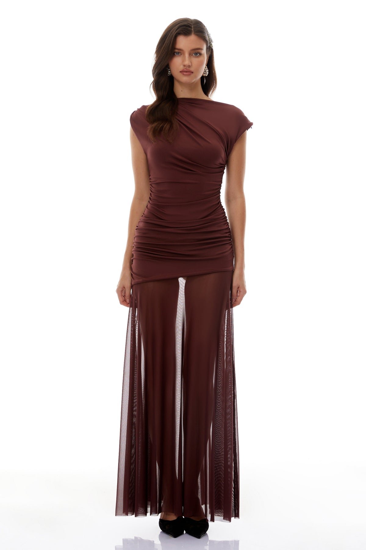 Seren Brown Ruched Tulle Panel Maxi Dress (Final Sale-US Only)