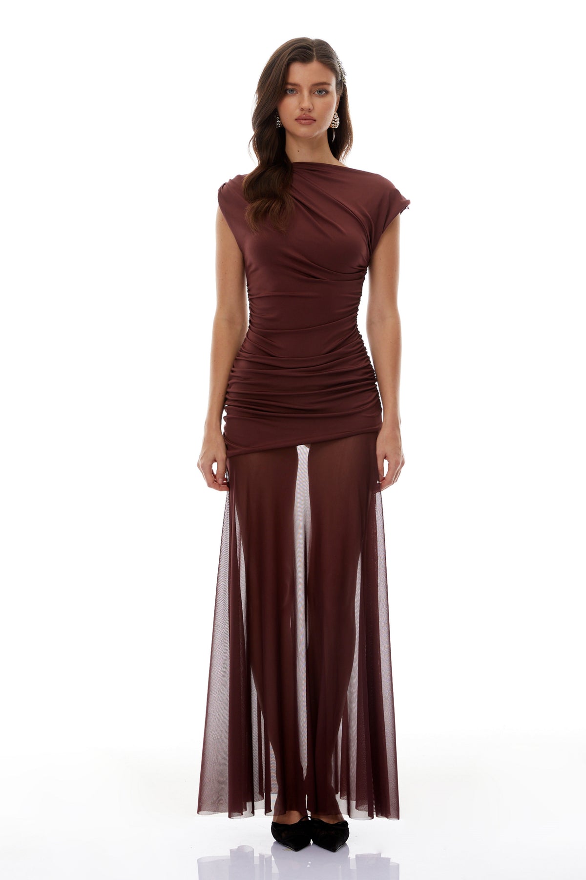 Seren Brown Ruched Tulle Panel Maxi Dress
