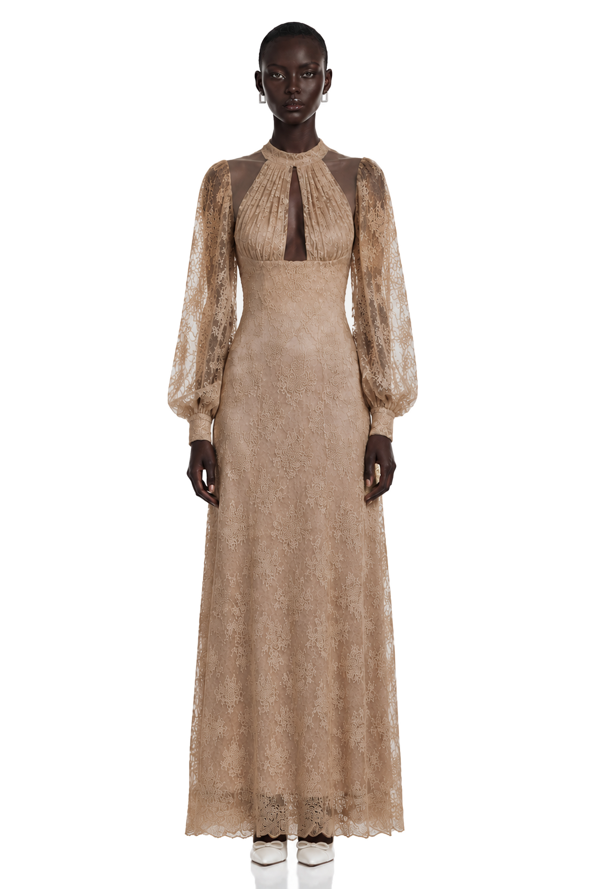 Serena Neutral Floral Lace Long Sleeves Maxi Dress