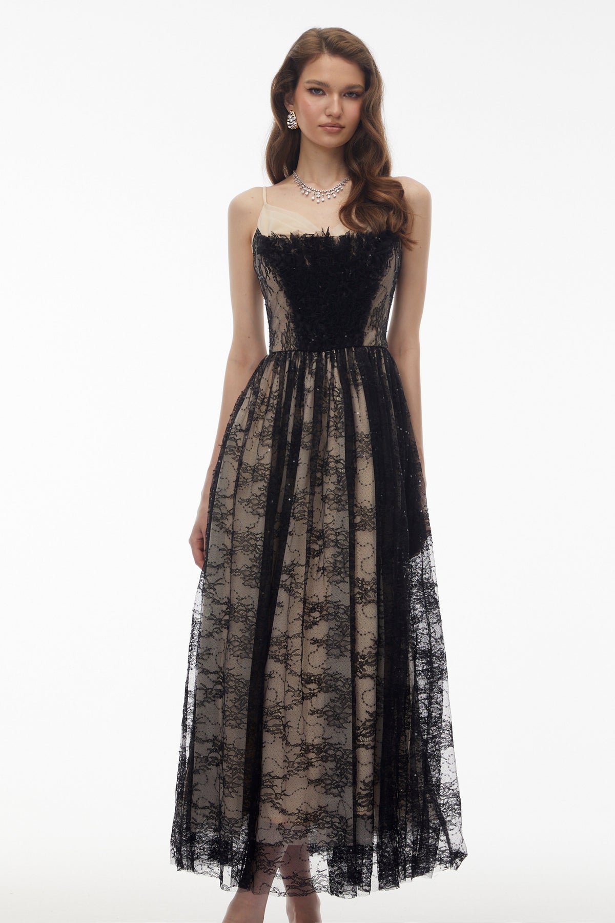 Severine Black Floral Lace Tulle Maxi Dress