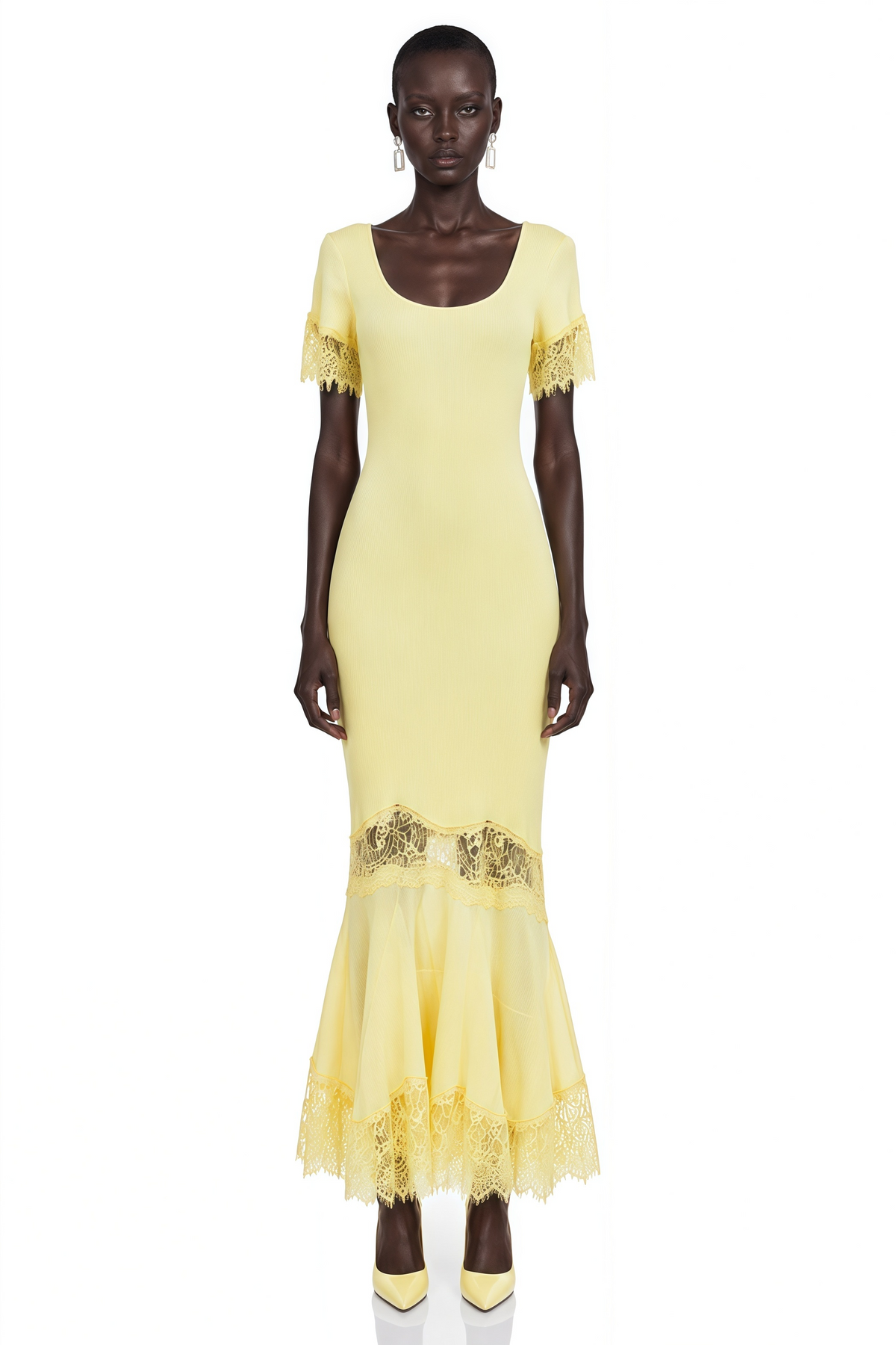 Sharon Yellow Round Neck Maxi Dress with Lace Trim