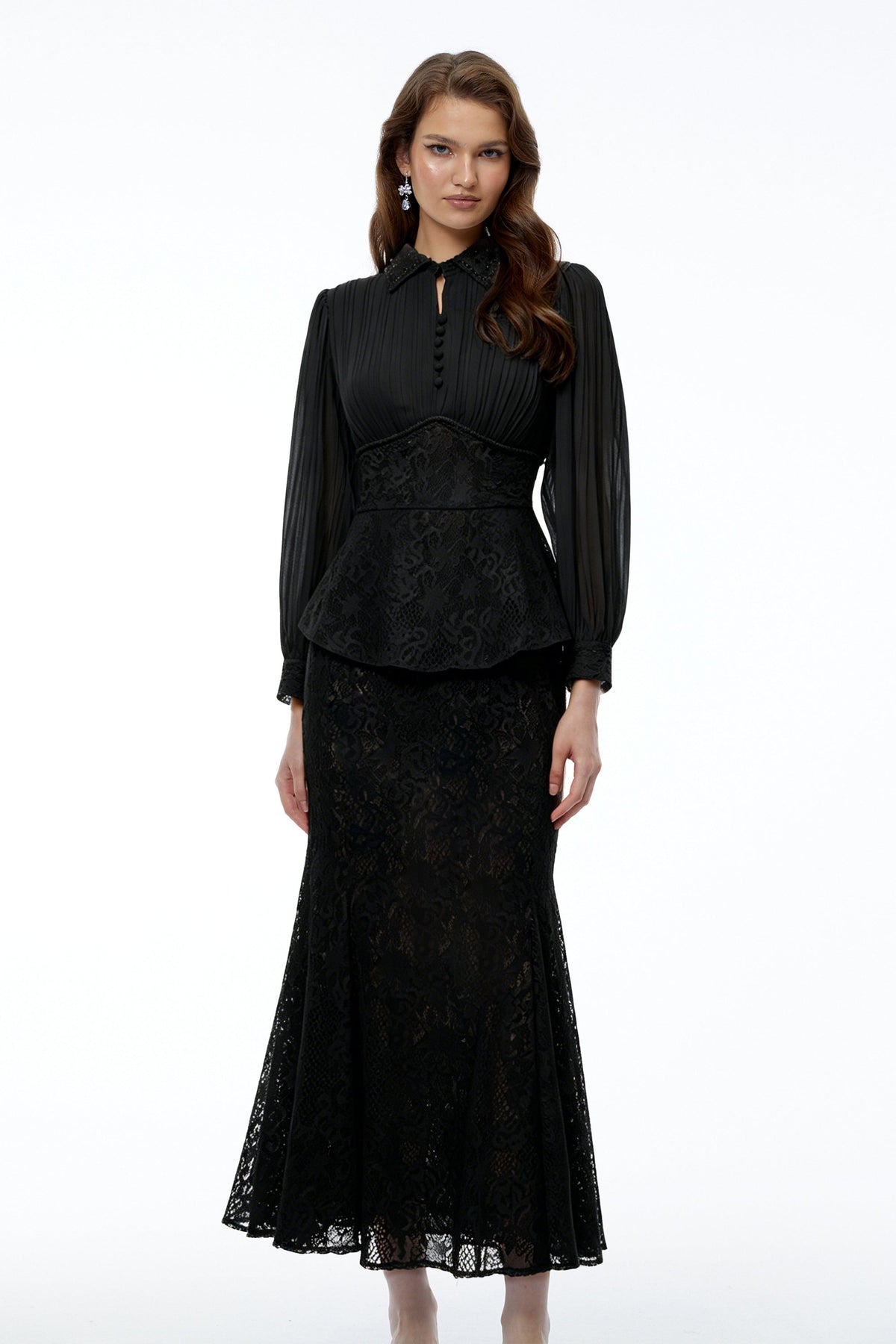 Sigrid Black Lace Panel Blouse & Skirt Set