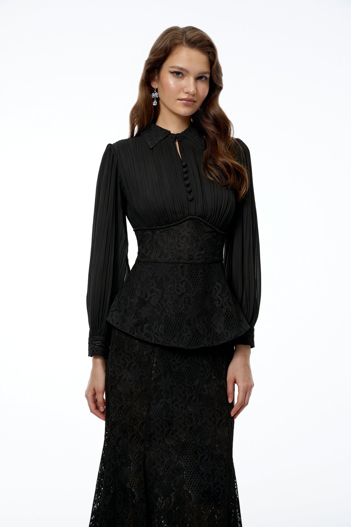 Sigrid Black Lace Panel Blouse & Skirt Set