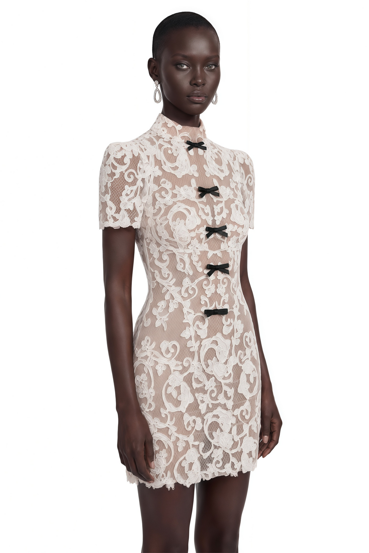 Simona Nude Lace Mini Dress with Bow Detail
