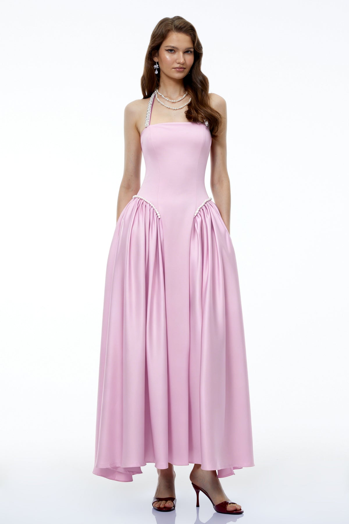 Siobhan Pink Halterneck Maxi Dress with Pearl Trim