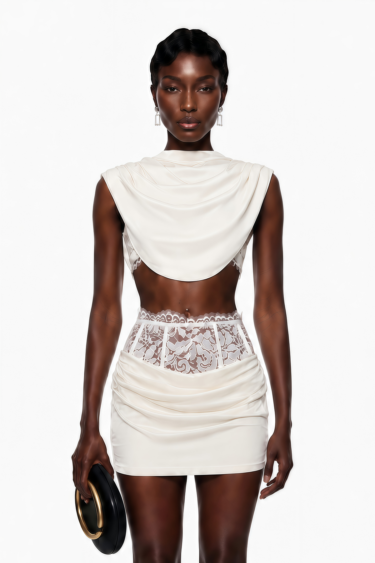 Siosi White Ruched Top & Skirt Set with Lace Trim