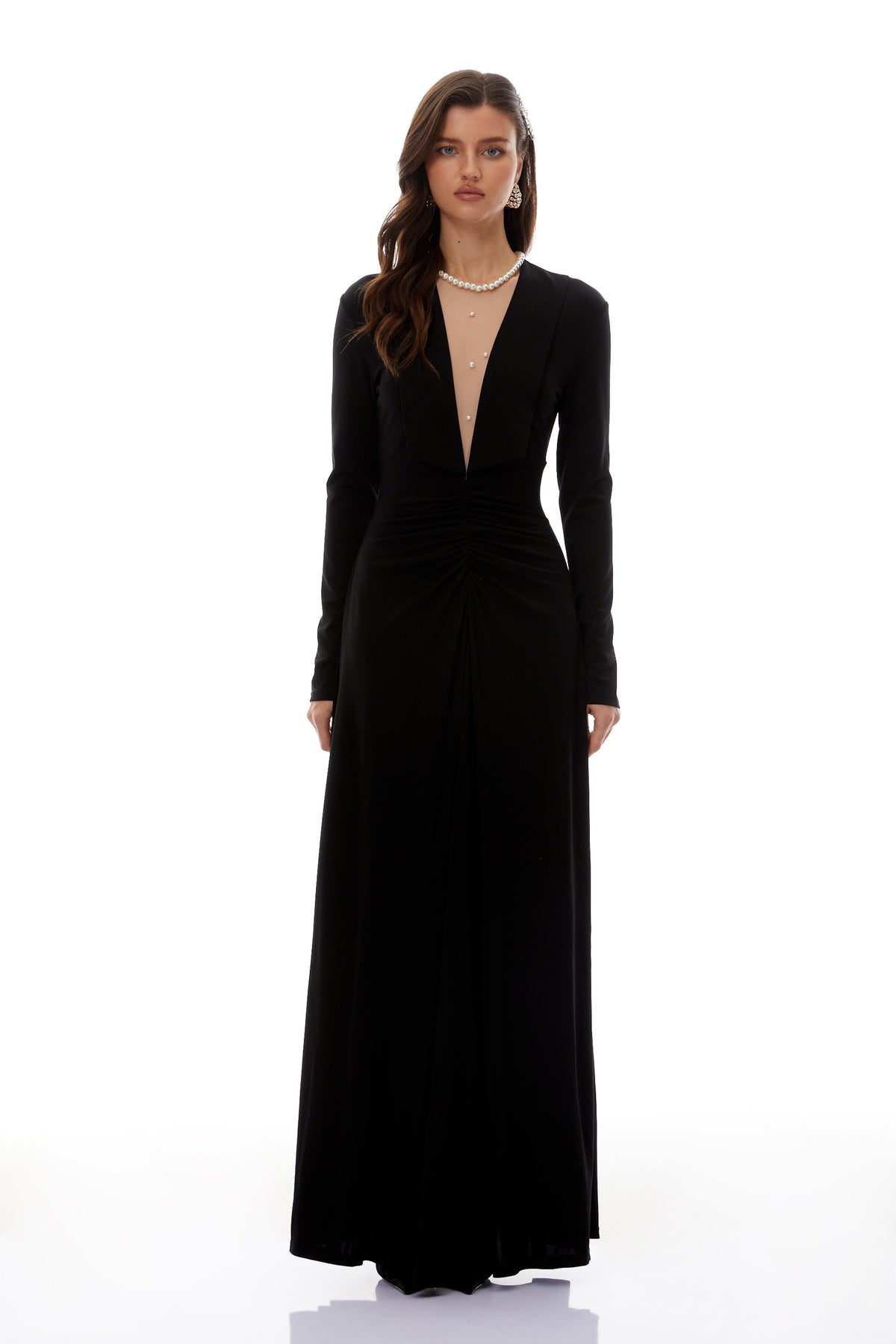 Sofia Black Cinched Waist Ruched Maxi Dress
