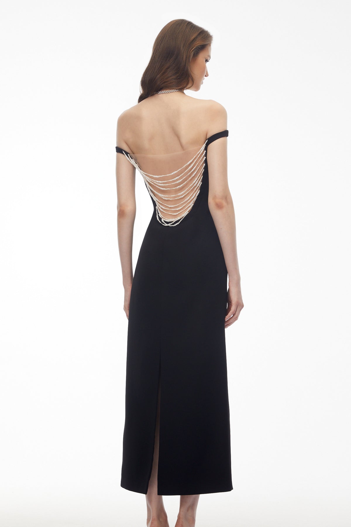 Sofia Black Off Shoulder Backless Maxi Dress with Pearl Chain (Final Sale)
