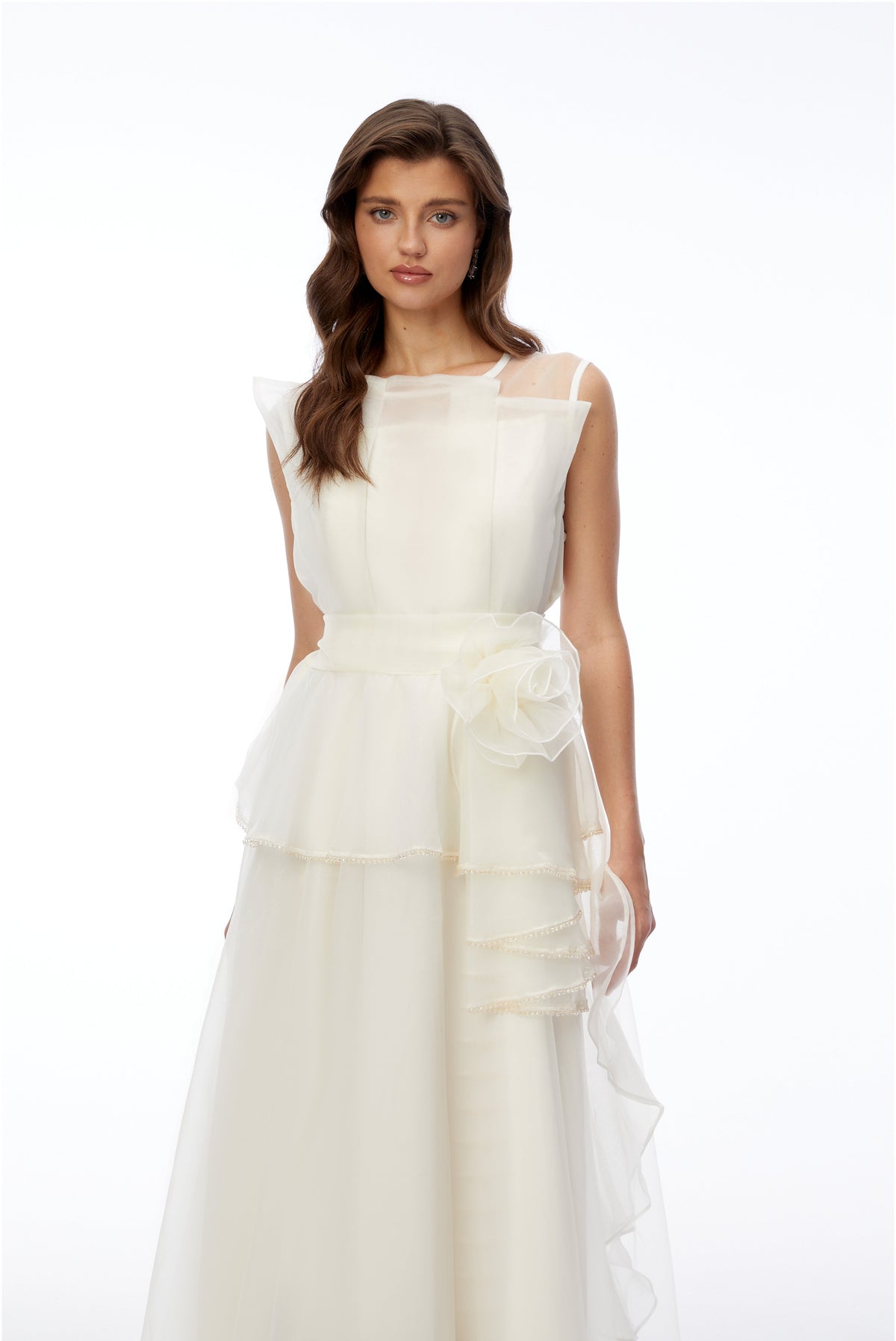Solange Ivory Sleeveless Chiffon Maxi Dress with 3D Florals