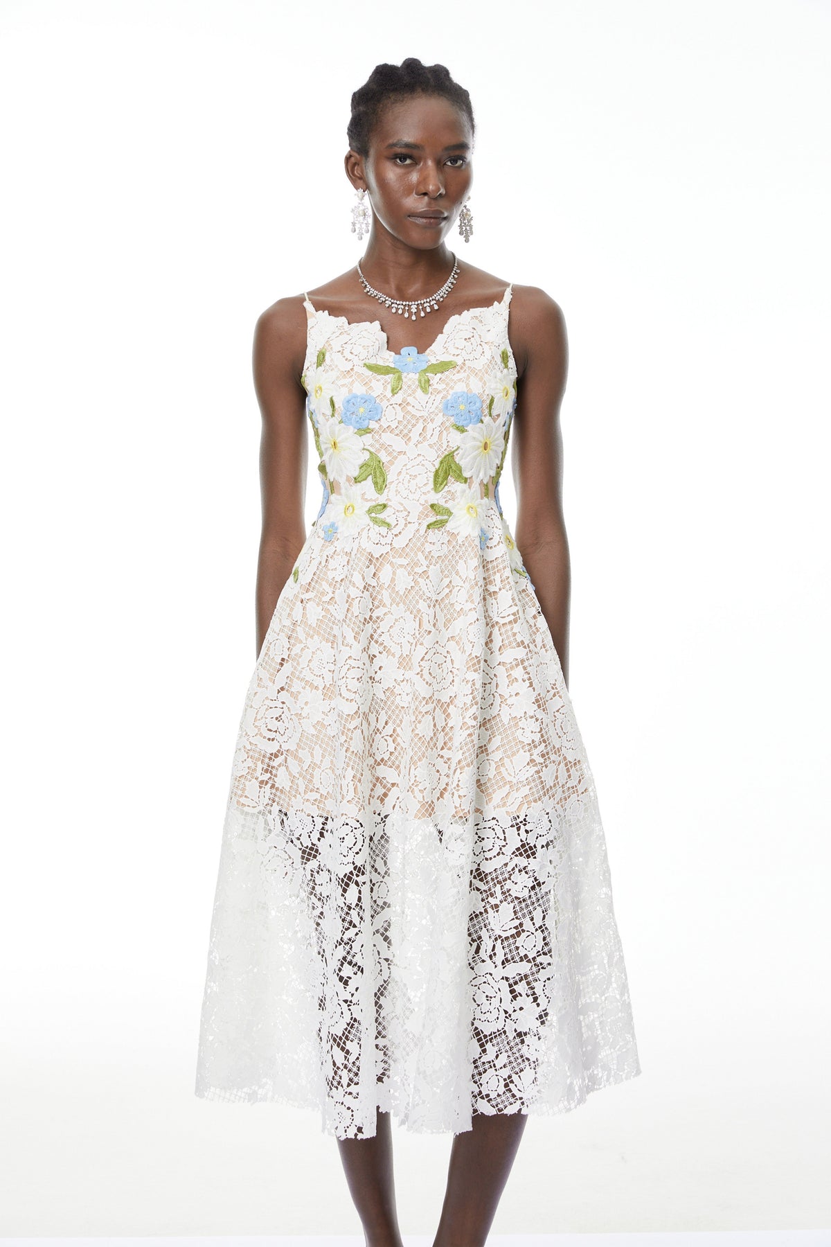 Solea White Floral Embroidered Lace Midi Dress