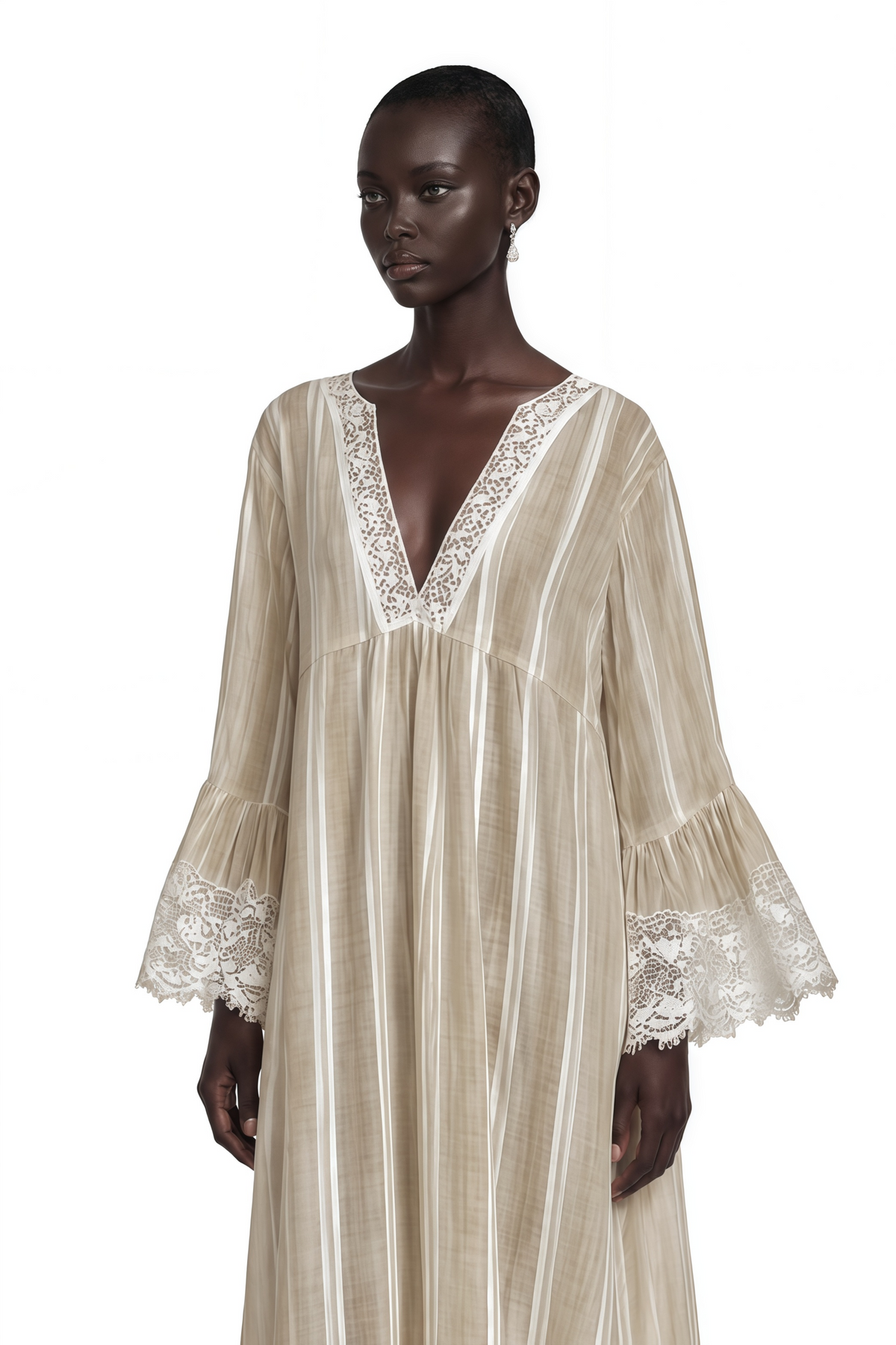 Solene Beige Striped Maxi Dress with Lace Trim