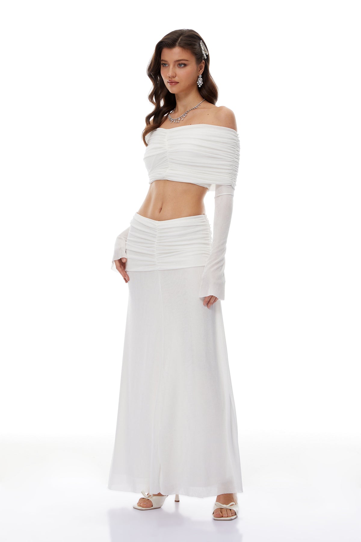 Solene White Off-Shoulder Top & Ruched Skirt Set