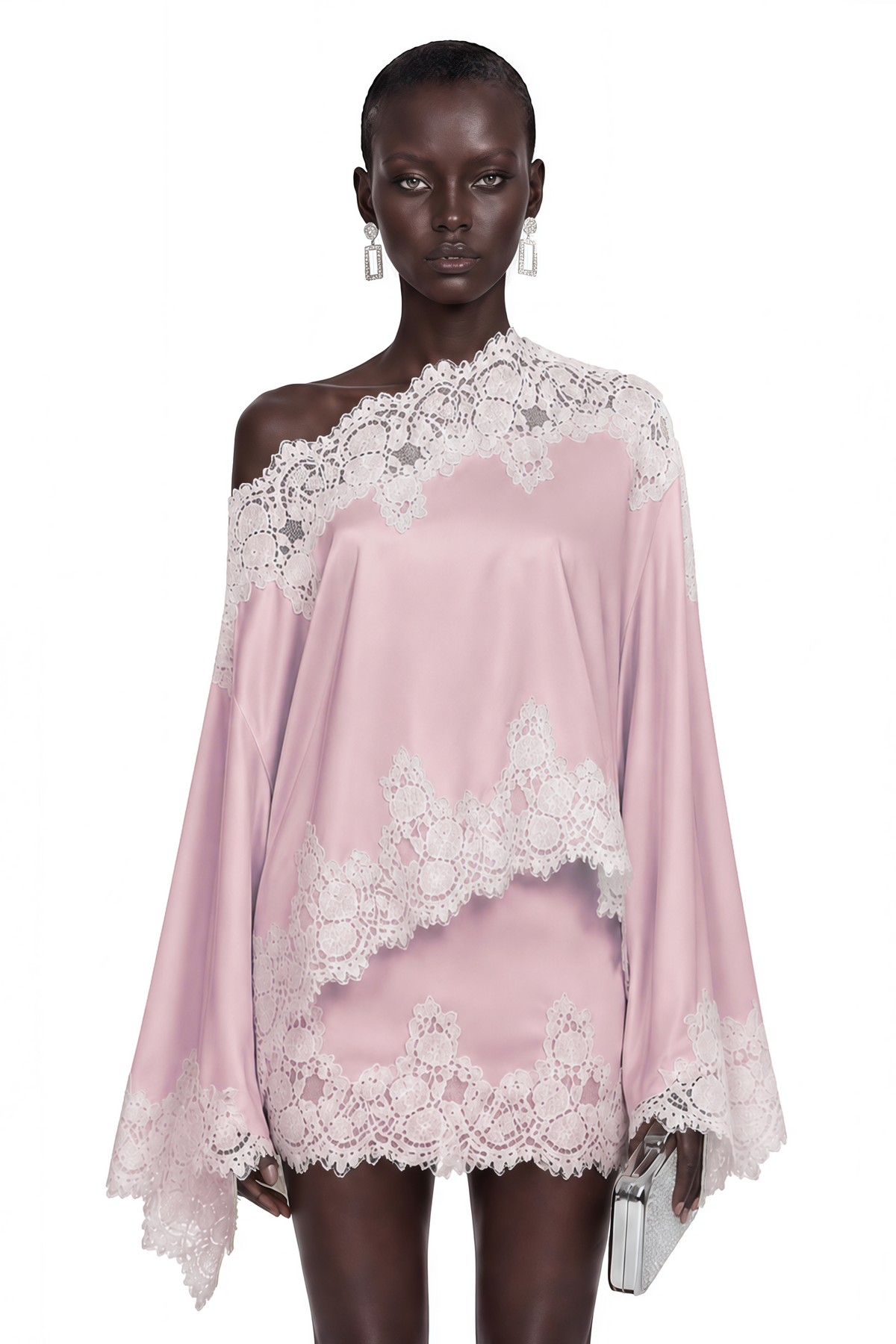 Sophia Pink One Shoulder Top & Skirt Set with Lace Trim