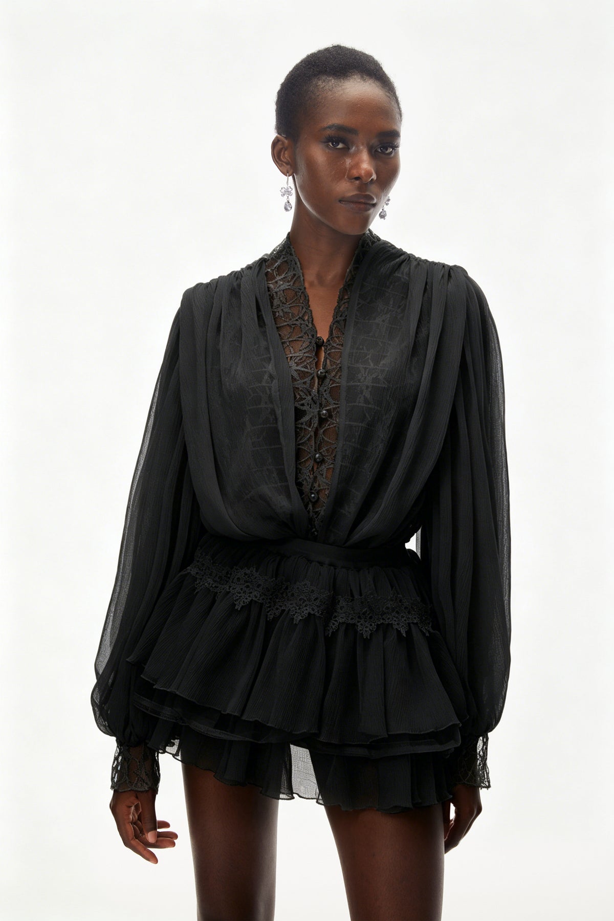 Sophie Black Lace Trim Blouse & Tiered Skirt Set