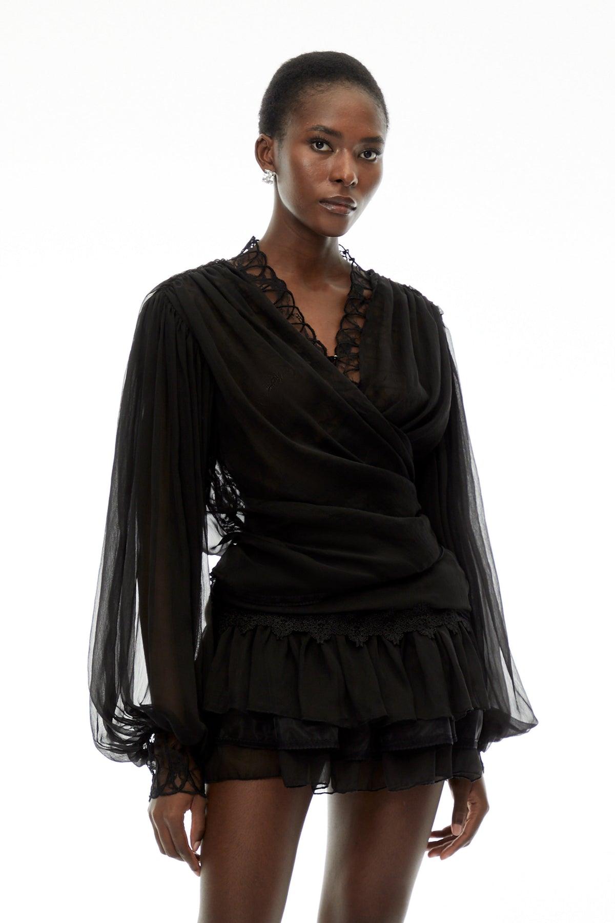 Sophie Black Lace Trim Blouse & Tiered Skirt Set