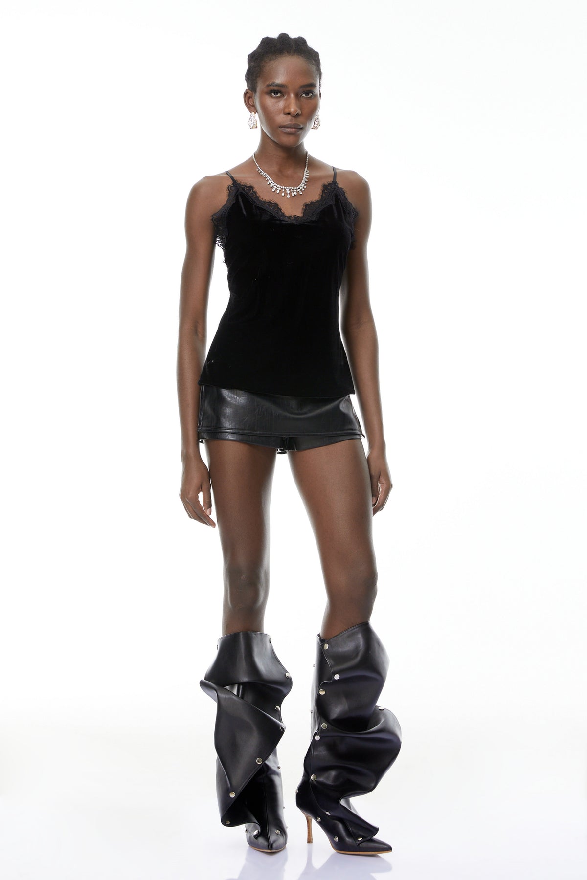Stefanie Black Velvet Top with Lace Trim