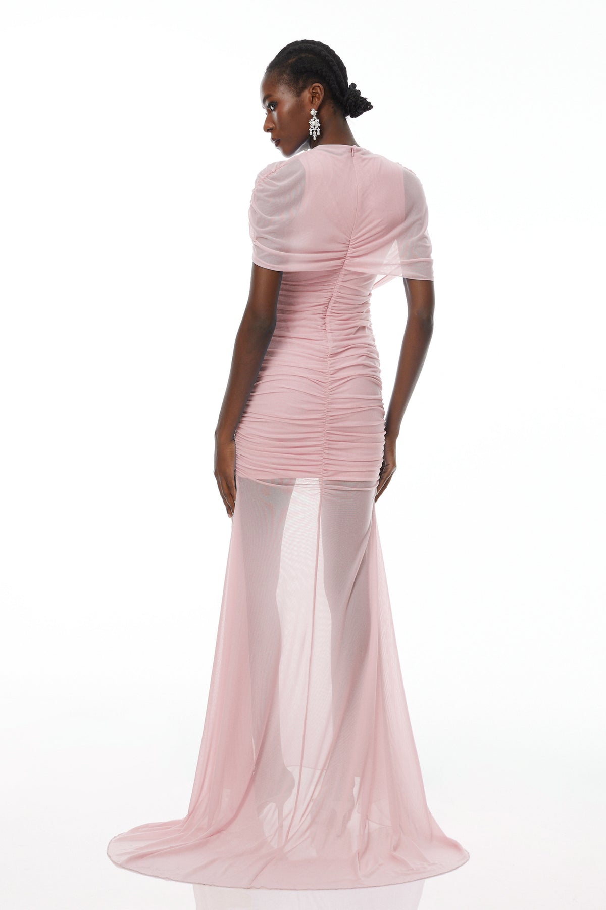Sylphe Pink Asymmetrical Ruched Mesh Maxi Dress (Final Sale)