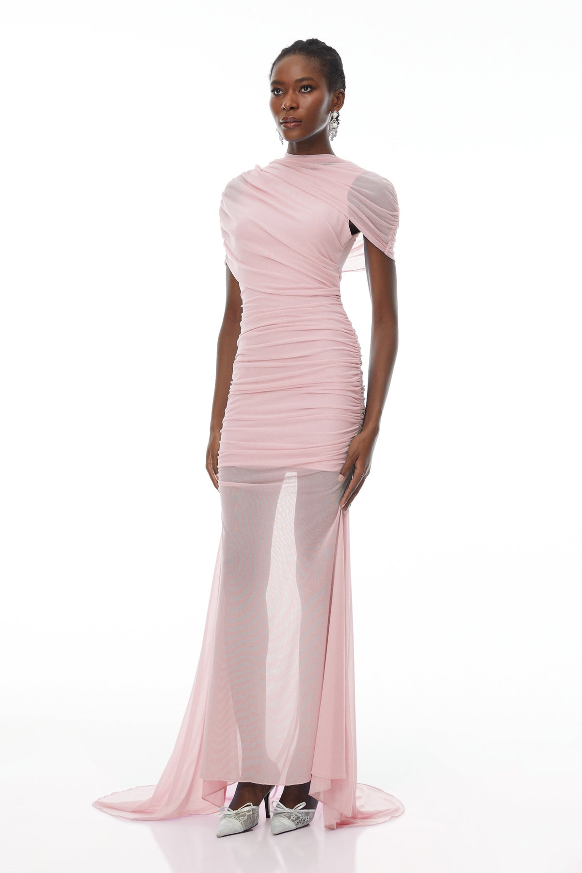 Sylphe Pink Asymmetrical Ruched Mesh Maxi Dress (Final Sale)