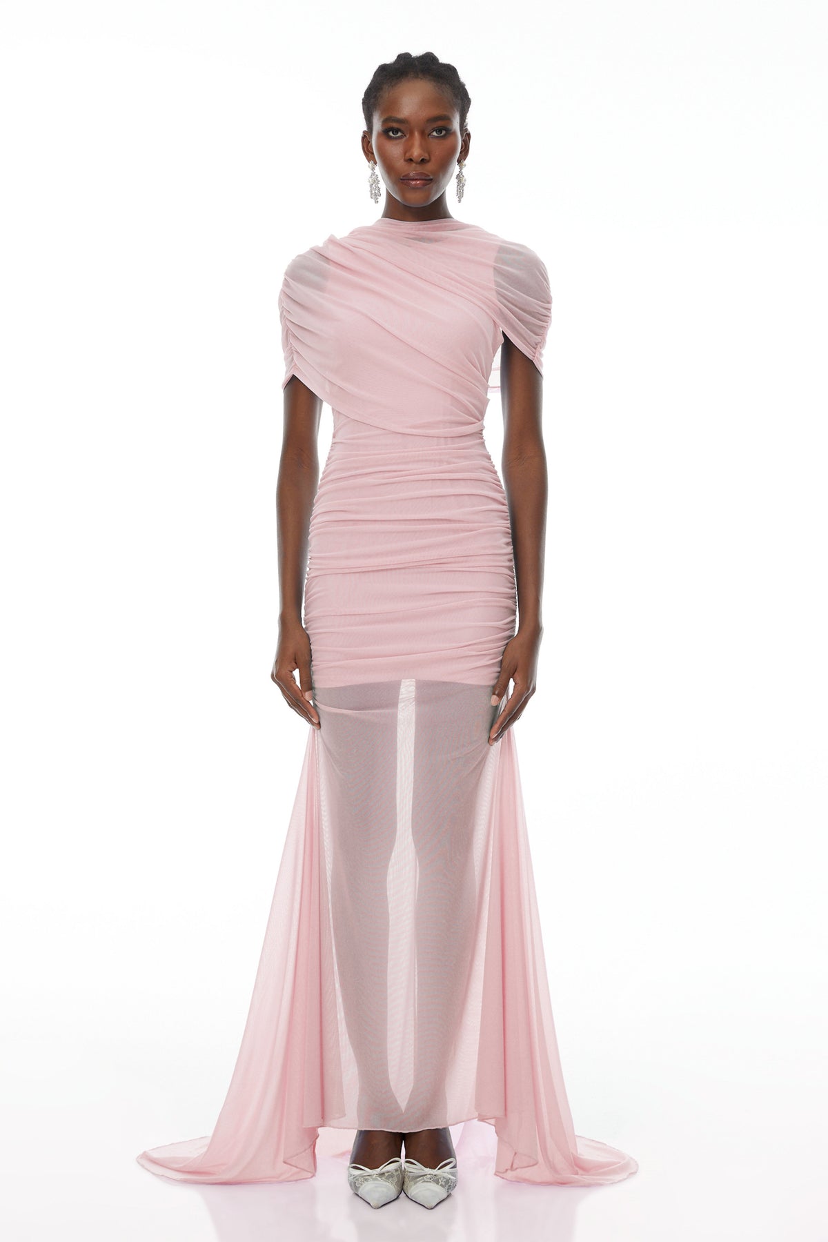 Sylphe Pink Asymmetrical Ruched Mesh Maxi Dress (Final Sale)