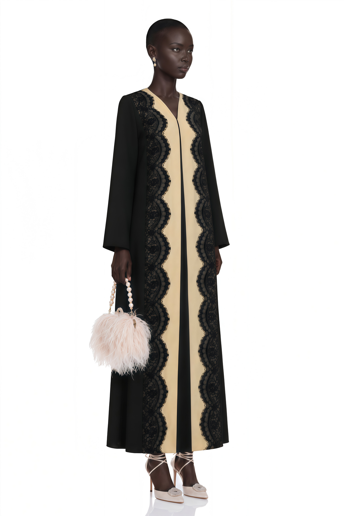Talia Black Long Sleeves Lace Trim Maxi Coat