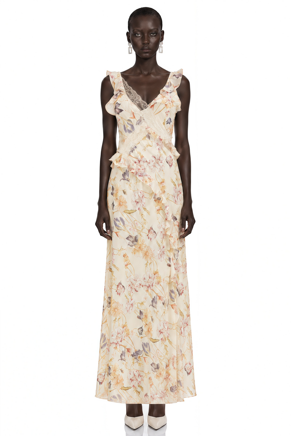 Teresa Cream Floral Print Midi Dress with Lace Panels