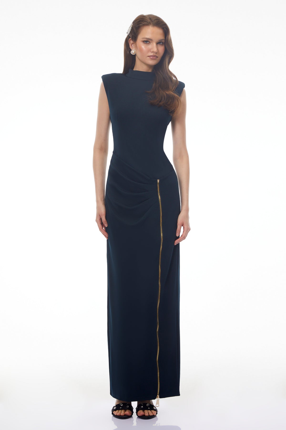 Tereza Dark Green High Neck Maxi Dress with Zip Slit