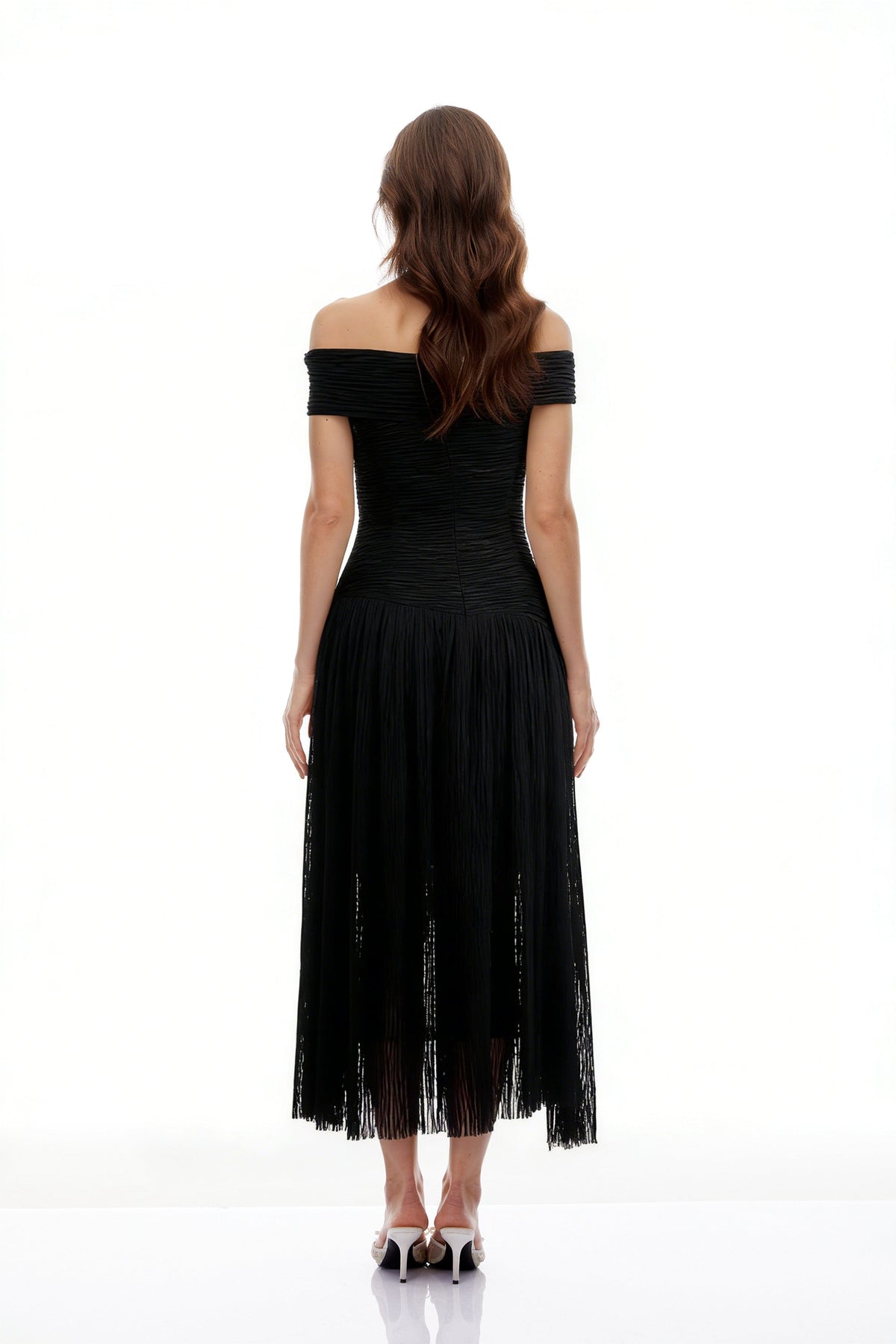 Thale Black Asymmetrical Textured Ruched Midi Dress