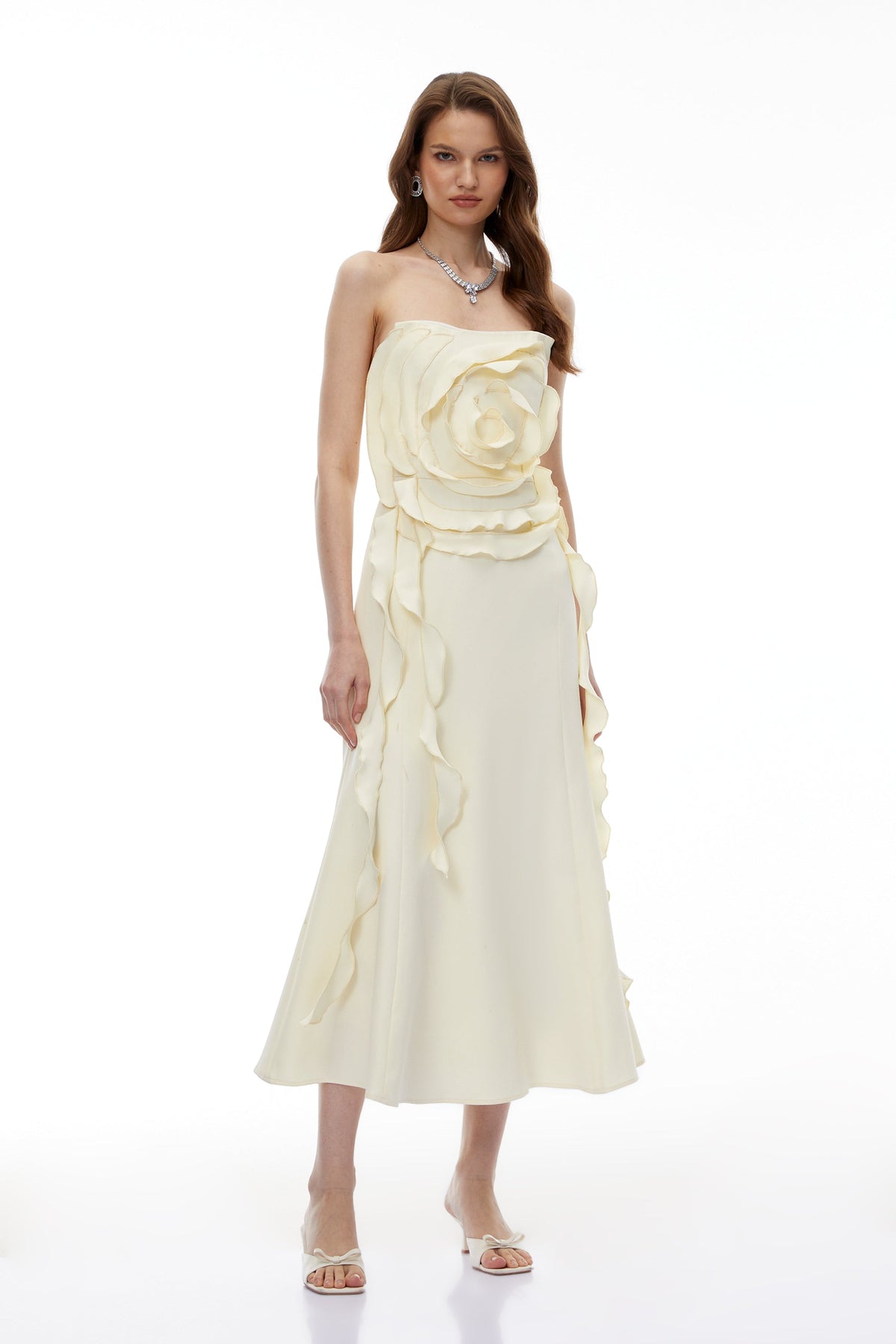 Theodosia Cream White Off Shoulder Maxi Dress with 3D Petals