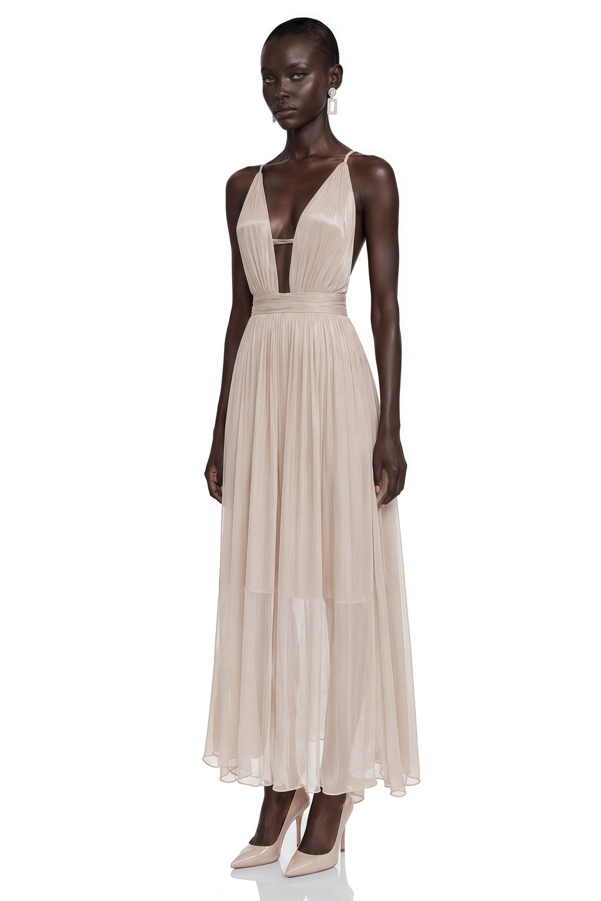 Topaz Beige V-Neck Pleated Maxi Dress