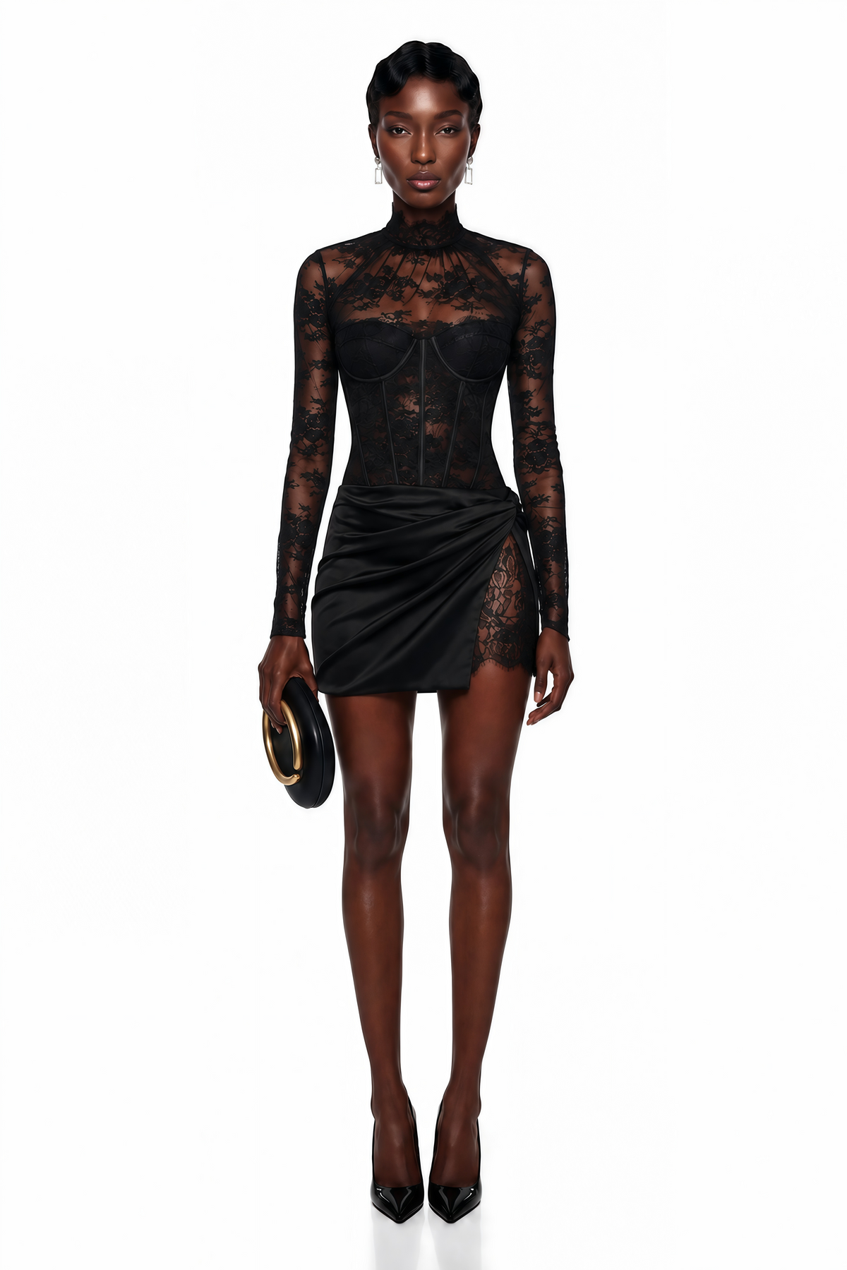 Turid Black Satin Mini Dress with Floral Lace Panels