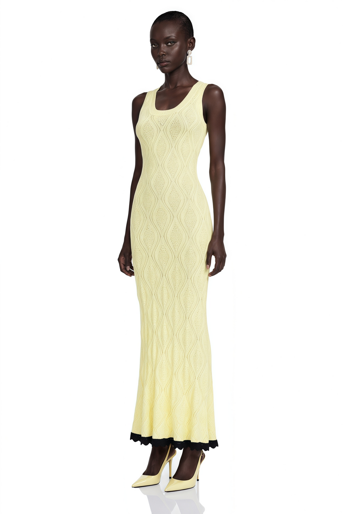 Vale Yellow U-Neck Maxi Dress with Lace Trim
