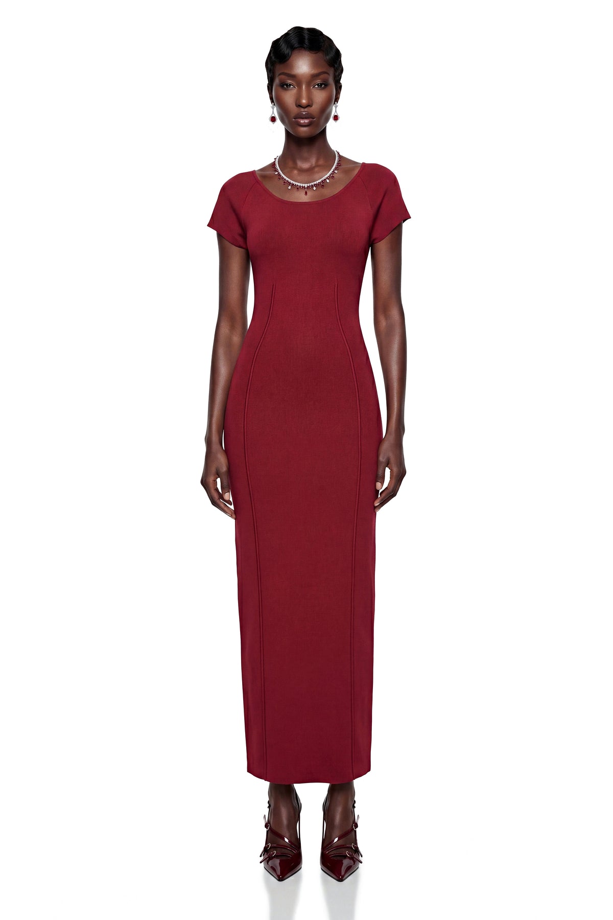 Valeria Red Knit Pencil Maxi Dress
