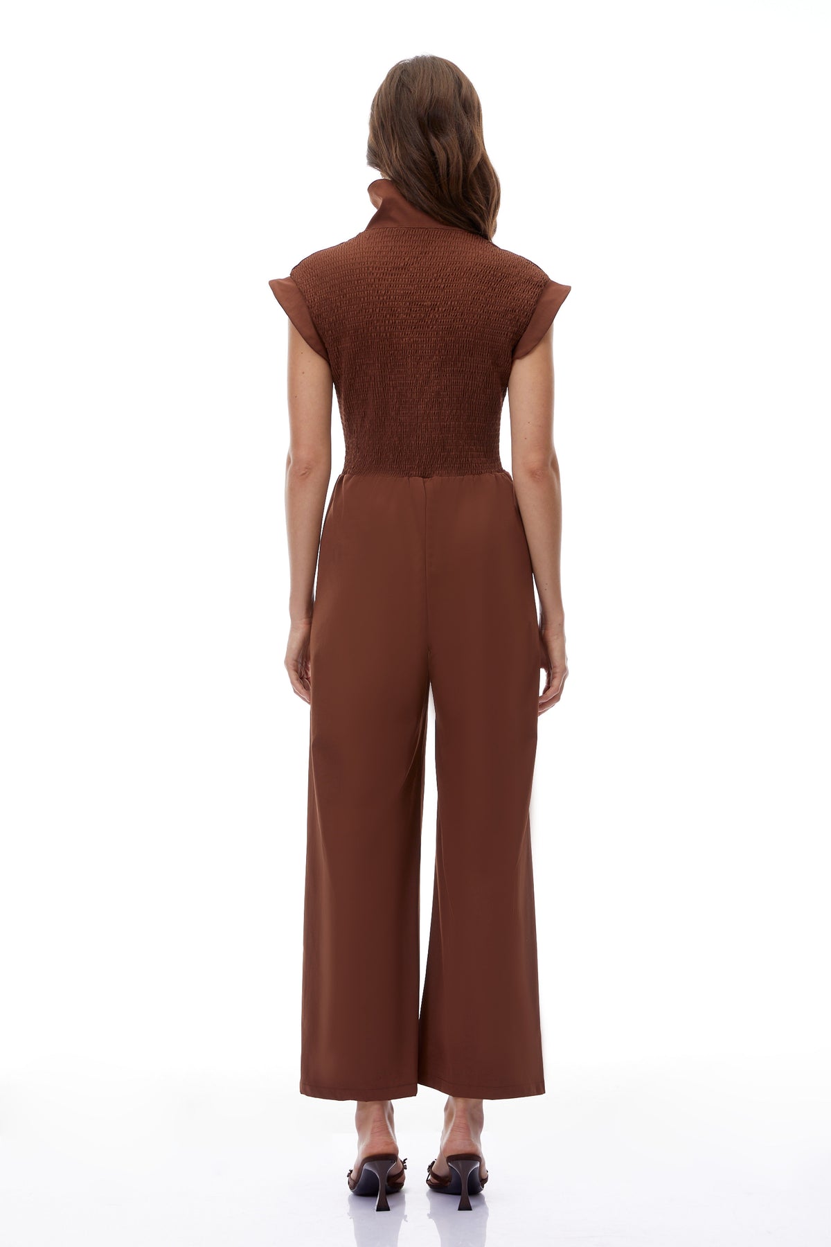 Victoire Chocolate Brown Plunge Neck Collared Jumpsuit