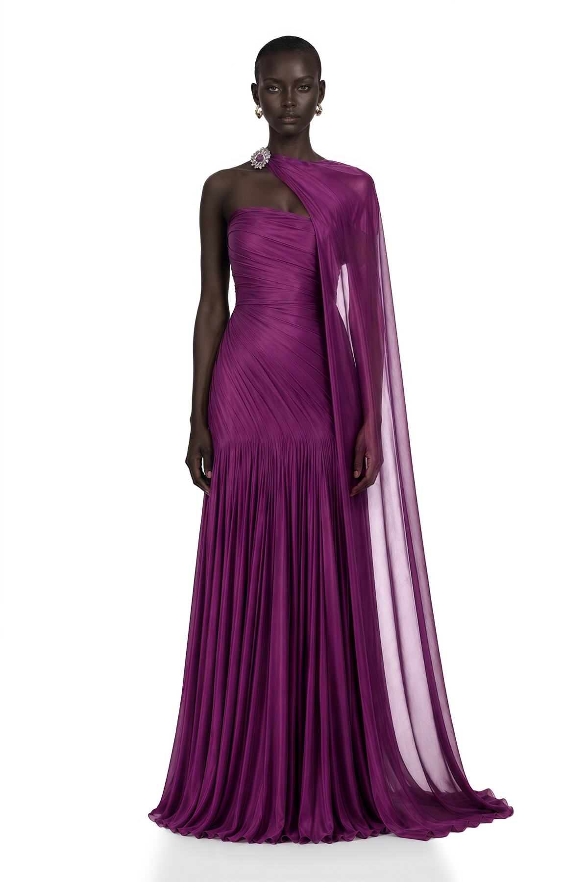 Victoire Plum Purple Asymmetric Draped Cape Maxi Gown