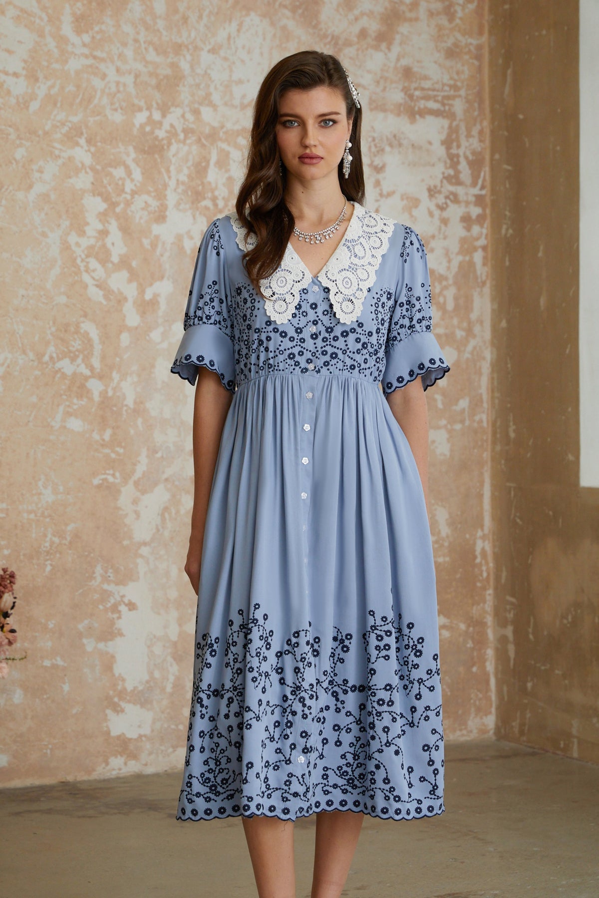 Violet Blue Floral Embroidered Midi Dress with Lace Lapels
