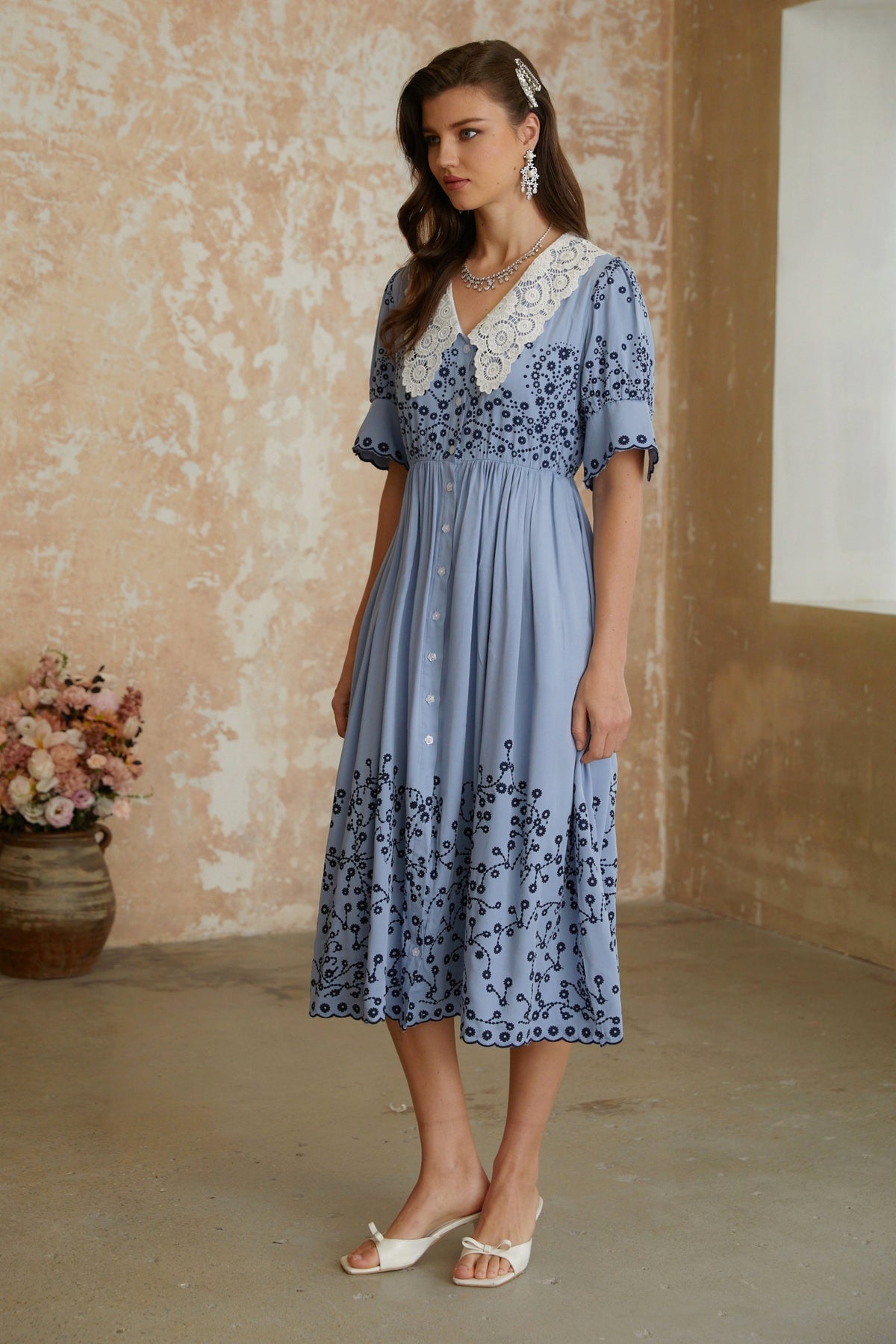 Violet Blue Floral Embroidered Midi Dress with Lace Lapels