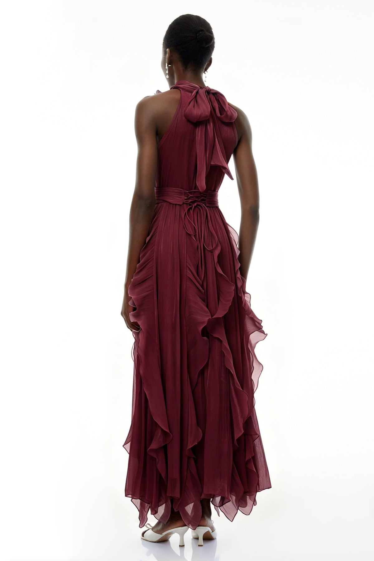Willow Burgundy Halterneck Ruched Maxi Dress with 3D Florals