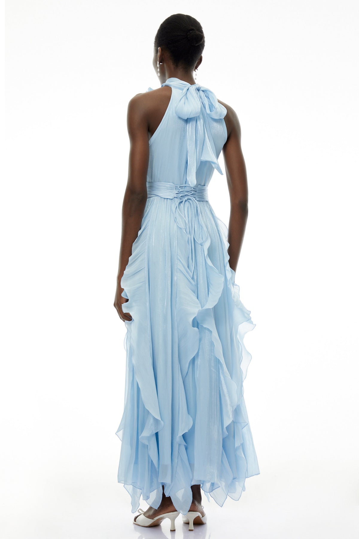 Willow Dusty Blue Halterneck Ruched Maxi Dress with 3D Florals (Final Sale)