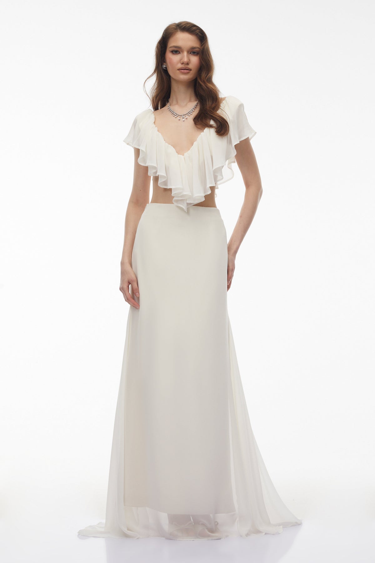Winifred Ivory Chiffon Ruffled Top & Skirt Set