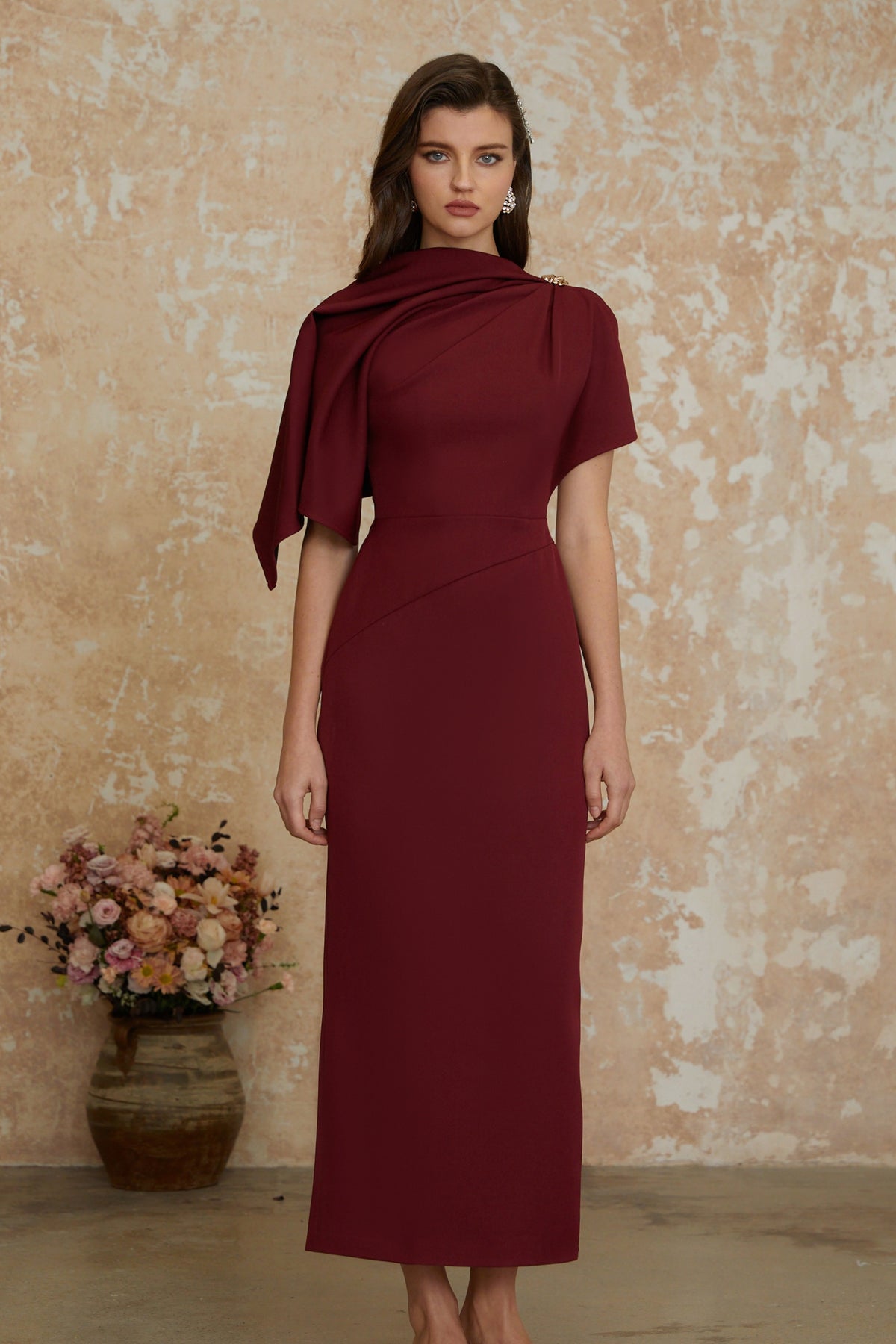 Wren Burgundy Asymmetrical Cape Maxi Dress