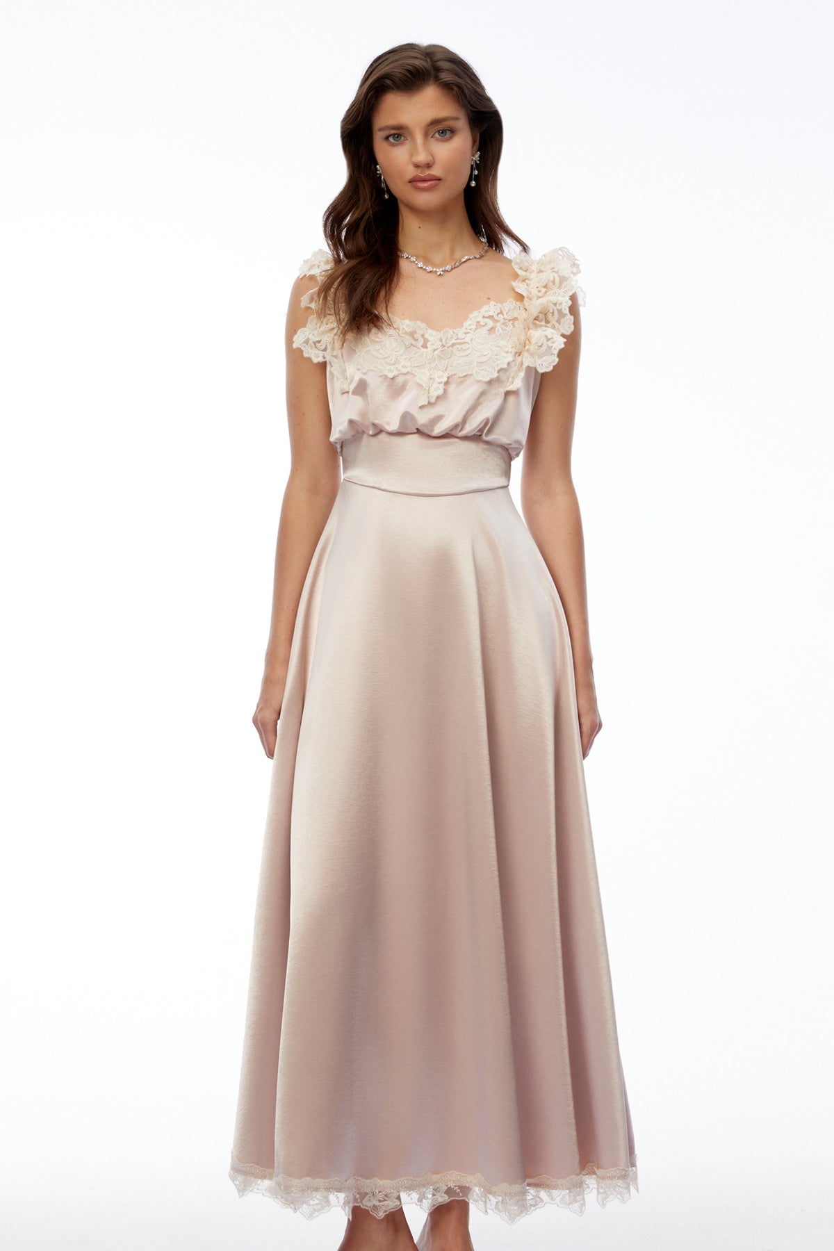 Xenia Champagne Pink V-Neck Maxi Dress with Lace Trim