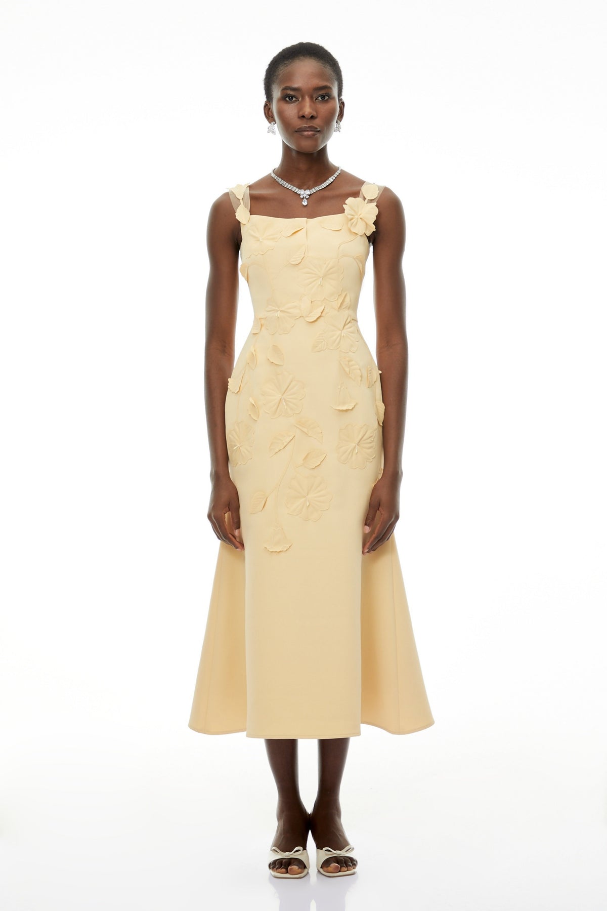 Ximena Yellow Floral Applique Fishtail Midi Dress