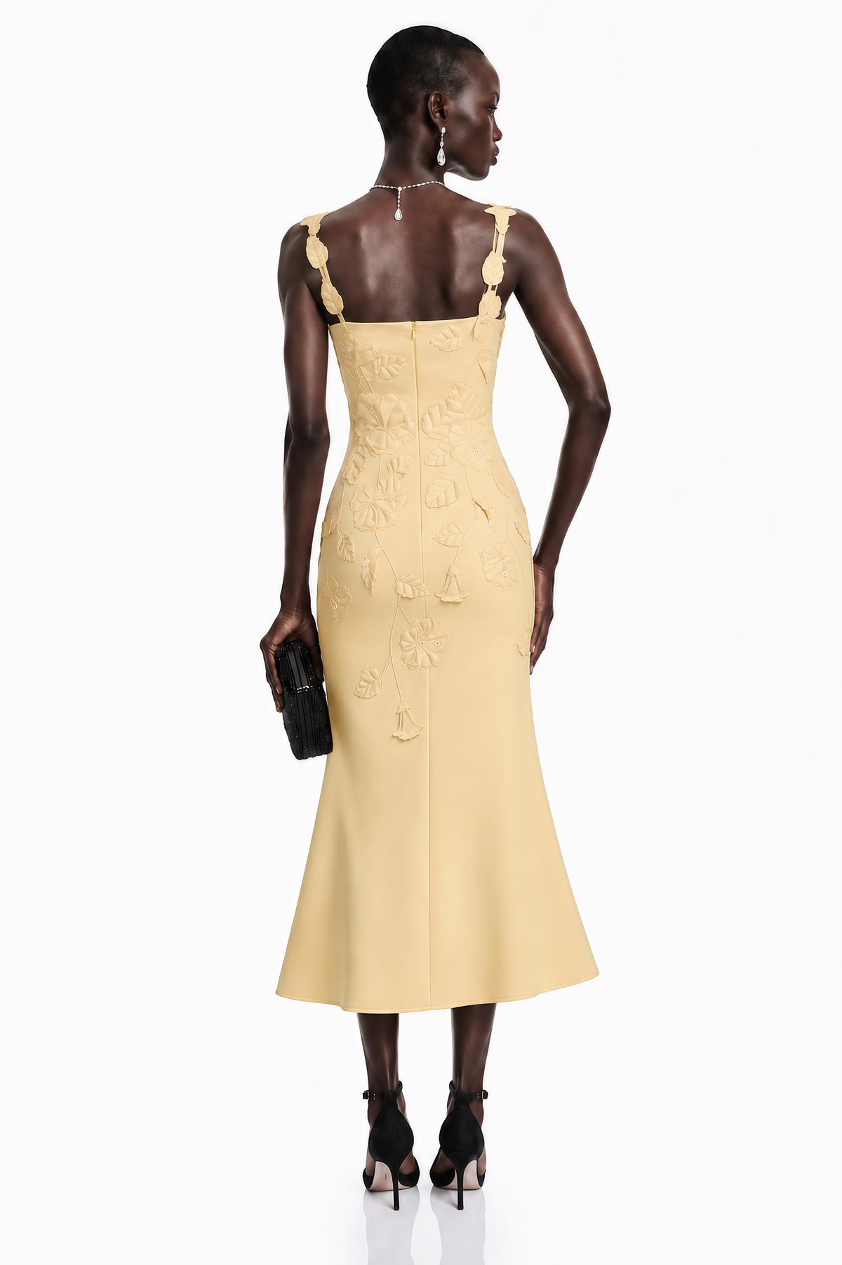 Ximena Yellow Floral Applique Fishtail Midi Dress